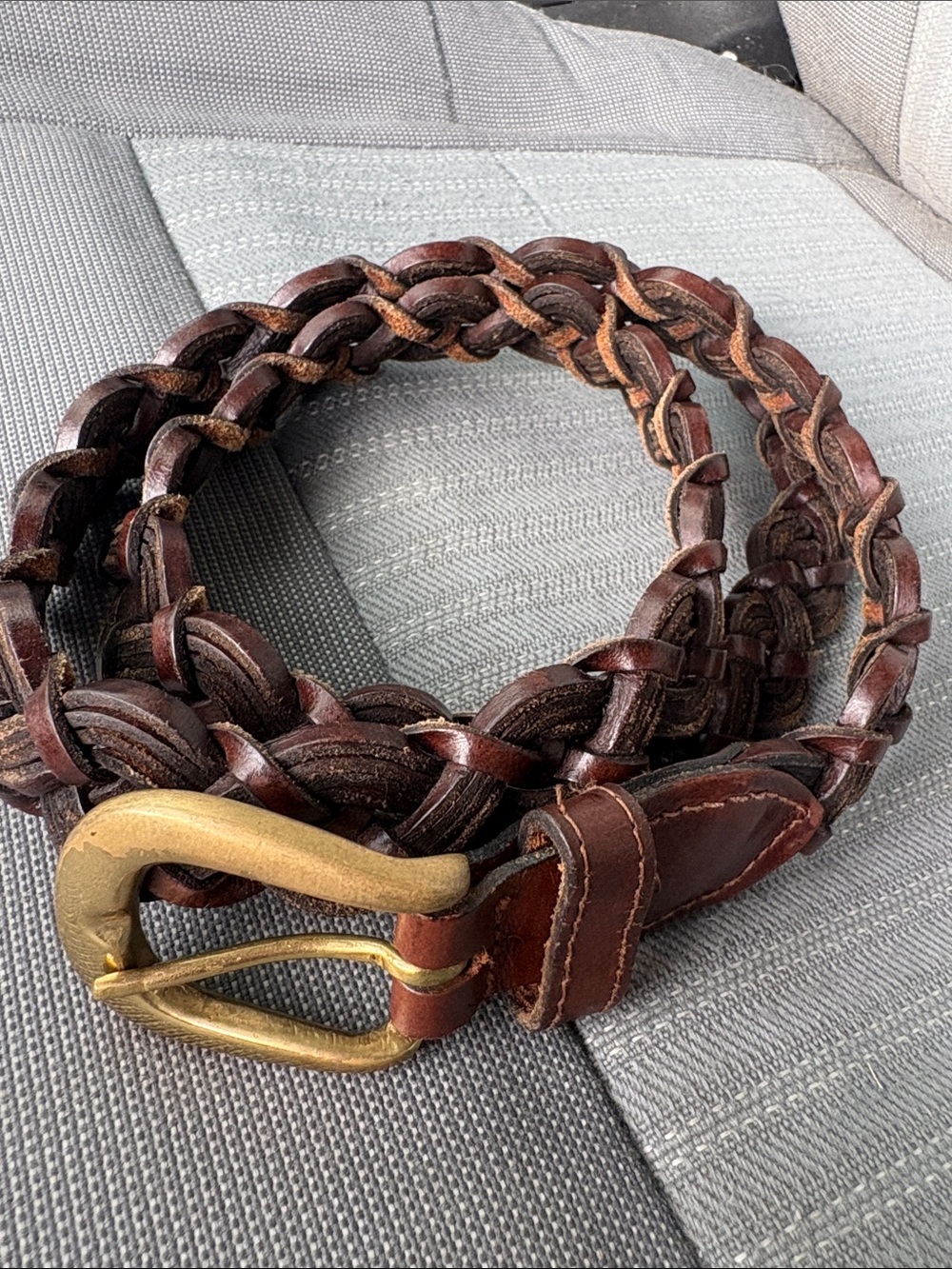 Braided Brown Leather Belt with Brass Buckle